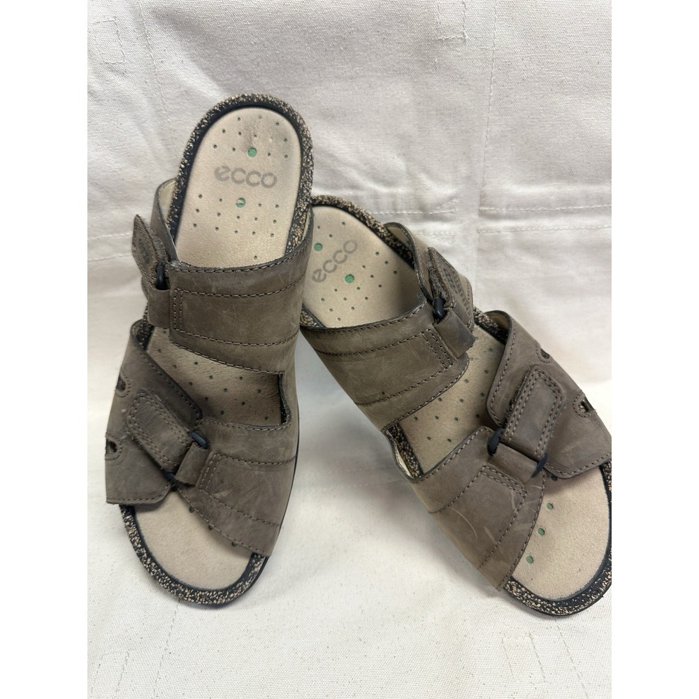 Ecco Women's Sz EU 42/US 11 Leather Flat Slip On Brown Double Strap Sandals Cork